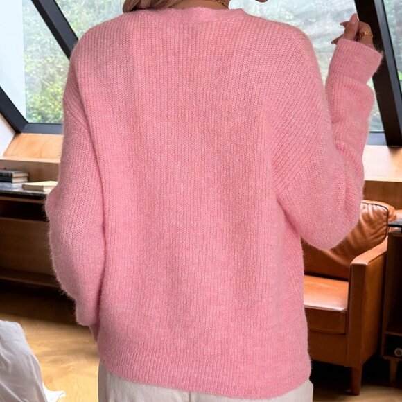 Pink Casual Women's V Neck Cardigan with Lace Trim - Picture 2 of 8